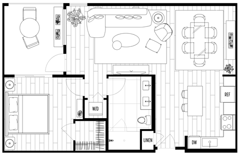 Floor plan for 1 bed, 1 bath, 855 sqft